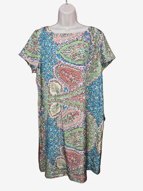 Talbots Shift Dress Multicolored Short Sleeve Silk Lined Size 16
